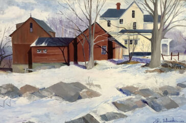 painting of a white farmhouse and red barn with roofs of varying heights. the surrounding landscape is covered in snow, with gray rocks jutting out from beneath it