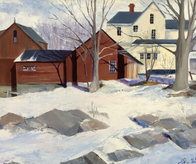 painting of a white farmhouse and red barn with roofs of varying heights. the surrounding landscape is covered in snow, with gray rocks jutting out from beneath it