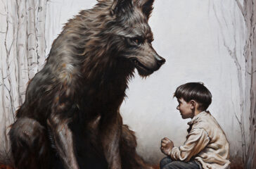 a young boy seated on a log, talking to a large wolf. birch trees frame the sides of the painting. the background is a creamy fog. across the ground are strewn orange fallen leaves