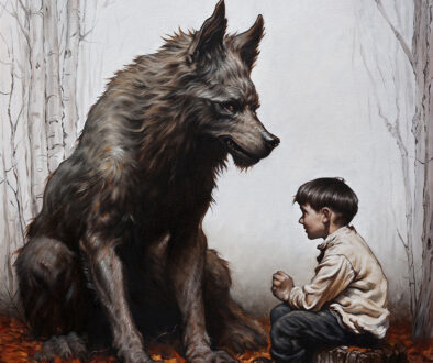 a young boy seated on a log, talking to a large wolf. birch trees frame the sides of the painting. the background is a creamy fog. across the ground are strewn orange fallen leaves